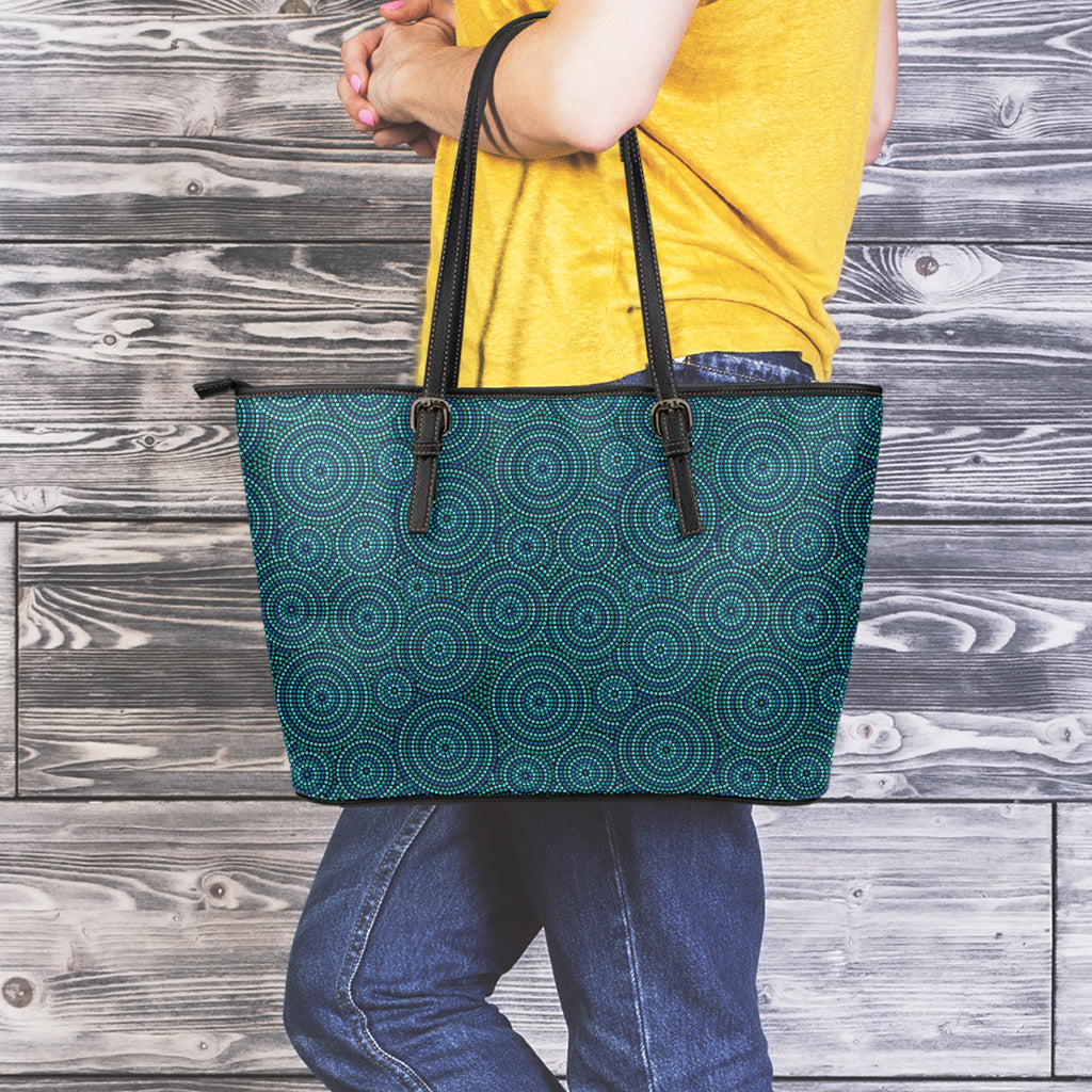 Blue Aboriginal Dot Pattern Print Leather Tote Bag