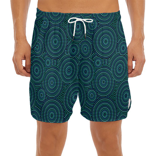 Blue Aboriginal Dot Pattern Print Men's Split Running Shorts
