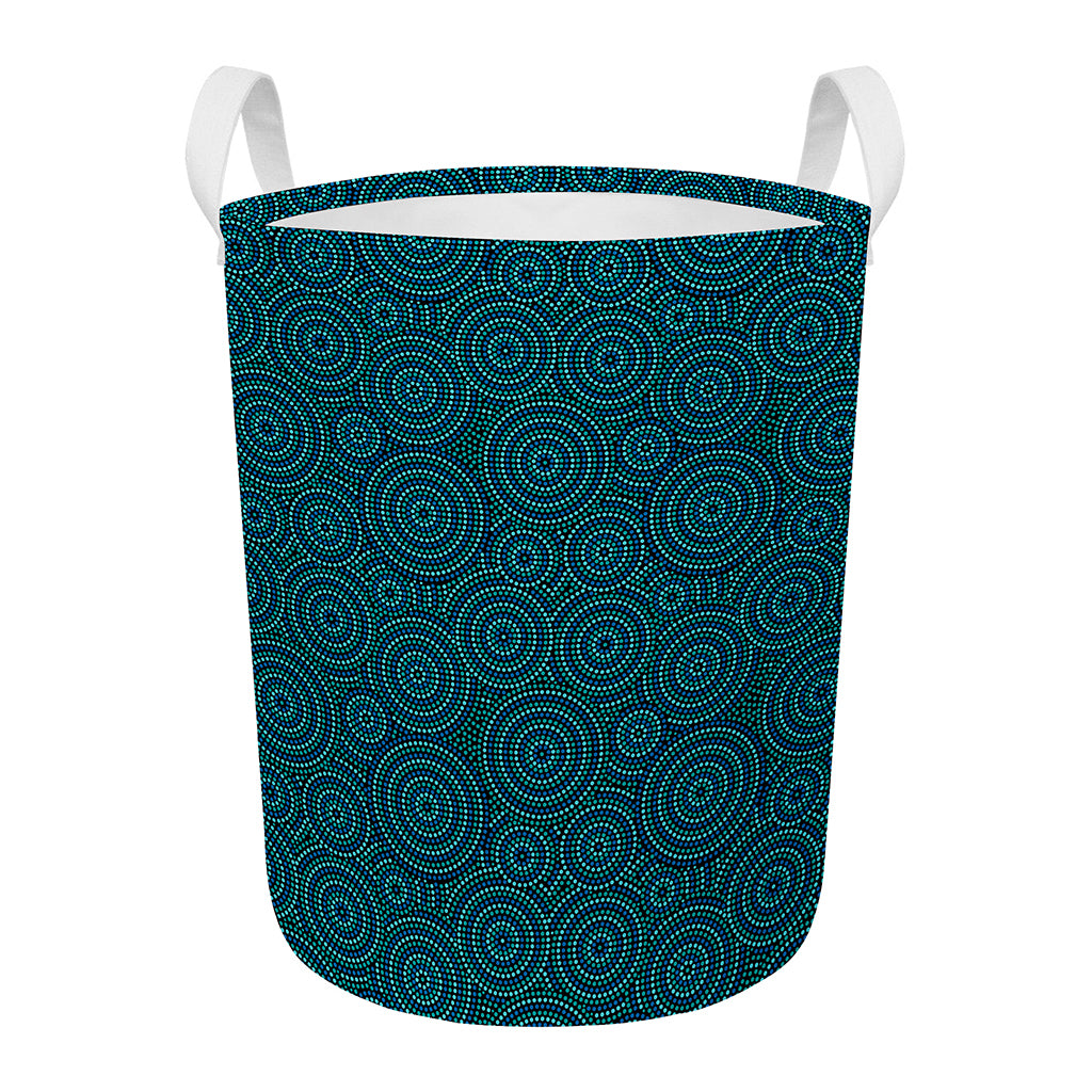 Blue Aboriginal Dot Pattern Print Round Laundry Basket