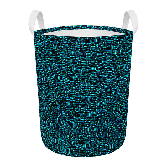 Blue Aboriginal Dot Pattern Print Round Laundry Basket