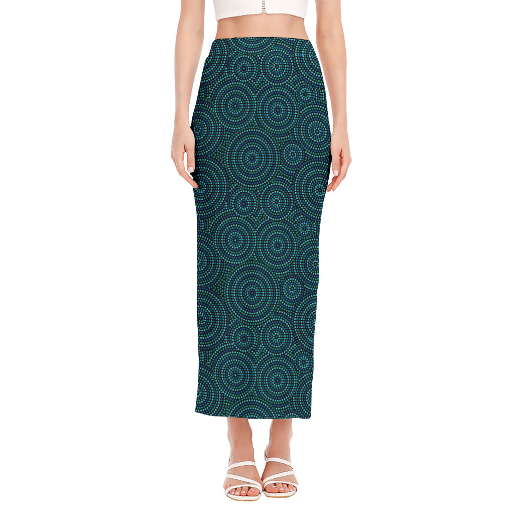 Blue Aboriginal Dot Pattern Print Side Slit Maxi Skirt