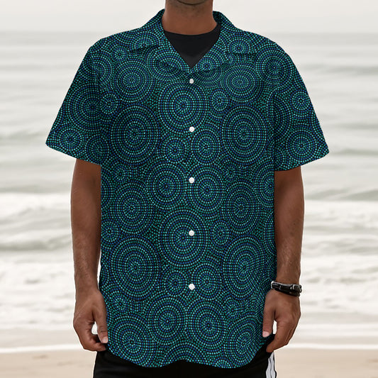 Blue Aboriginal Dot Pattern Print Textured Short Sleeve Shirt