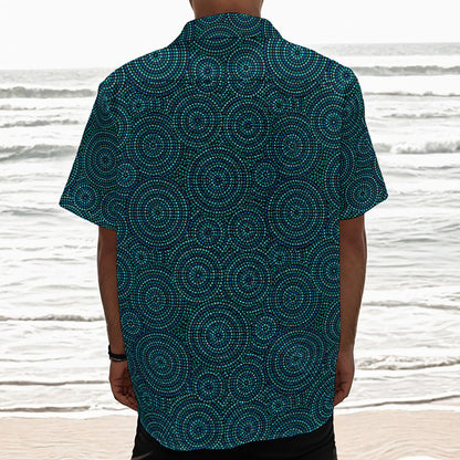 Blue Aboriginal Dot Pattern Print Textured Short Sleeve Shirt