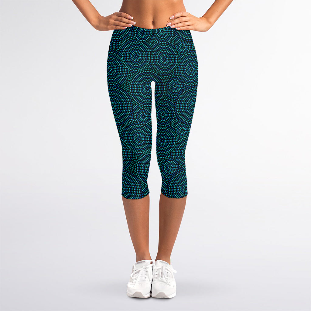 Blue Aboriginal Dot Pattern Print Women's Capri Leggings