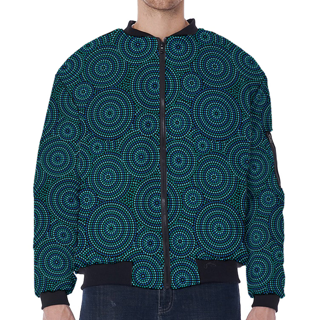 Blue Aboriginal Dot Pattern Print Zip Sleeve Bomber Jacket