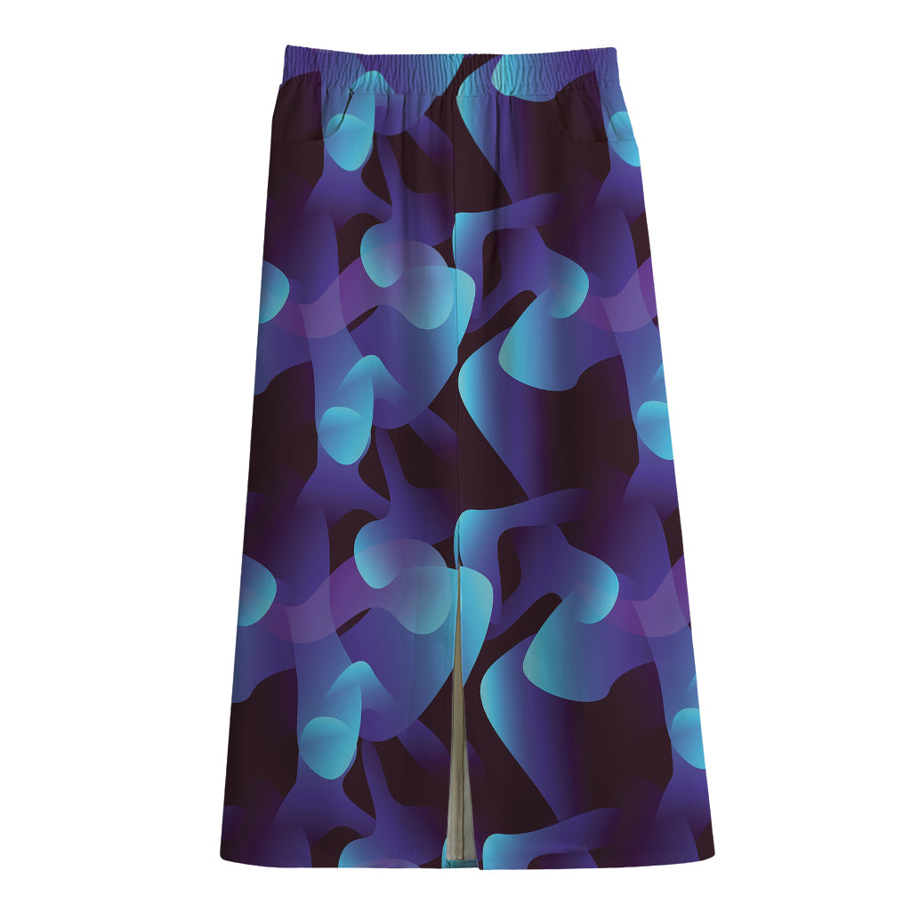Blue Abstract Spirit Print Cotton Front Slit Maxi Skirt
