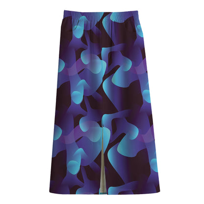 Blue Abstract Spirit Print Cotton Front Slit Maxi Skirt