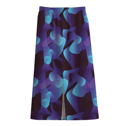 Blue Abstract Spirit Print Cotton Front Slit Maxi Skirt