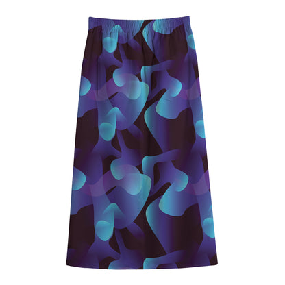 Blue Abstract Spirit Print Cotton Front Slit Maxi Skirt
