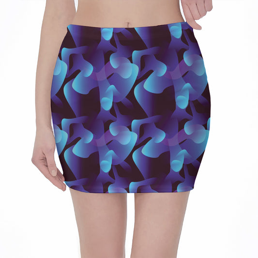 Blue Abstract Spirit Print Pencil Mini Skirt