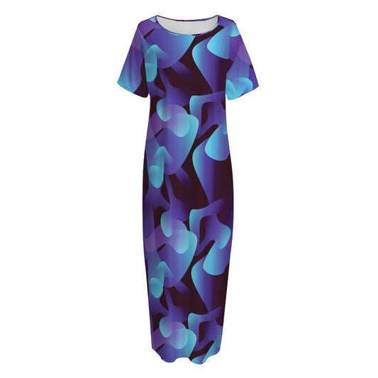 Blue Abstract Spirit Print Short Sleeve Long Nightdress