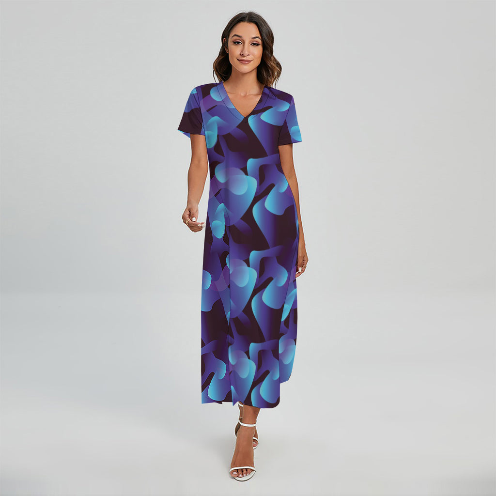 Blue Abstract Spirit Print Short Sleeve Maxi Dress