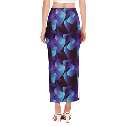 Blue Abstract Spirit Print Side Slit Maxi Skirt