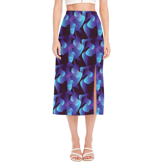 Blue Abstract Spirit Print Side Slit Midi Skirt
