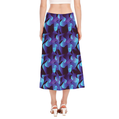 Blue Abstract Spirit Print Side Slit Midi Skirt