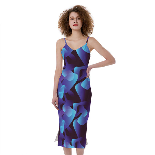 Blue Abstract Spirit Print Slim Fit Midi Cami Dress