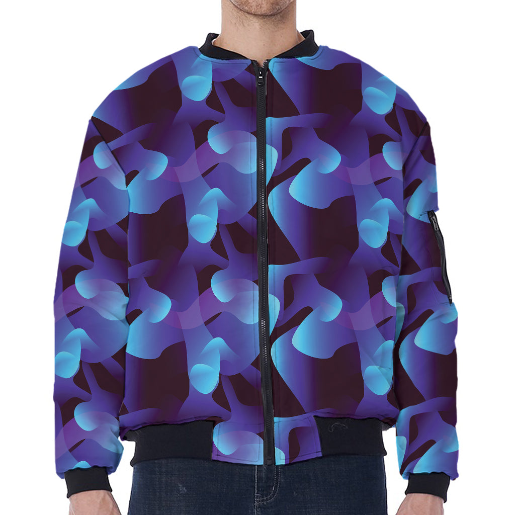 Blue Abstract Spirit Print Zip Sleeve Bomber Jacket
