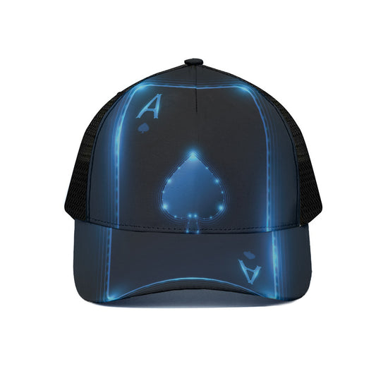 Blue Ace Card Print Black Mesh Trucker Cap