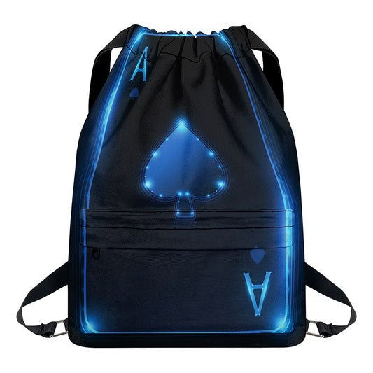 Blue Ace Card Print Drawstring Backpack