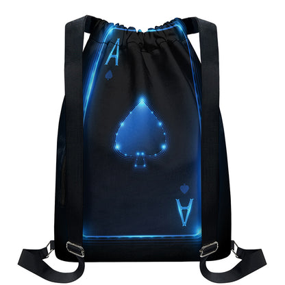 Blue Ace Card Print Drawstring Backpack