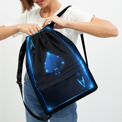Blue Ace Card Print Drawstring Backpack