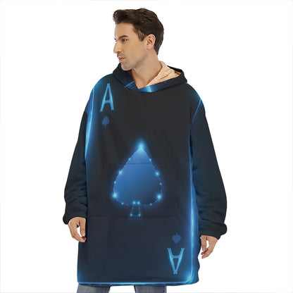 Blue Ace Card Print Hoodie Blanket