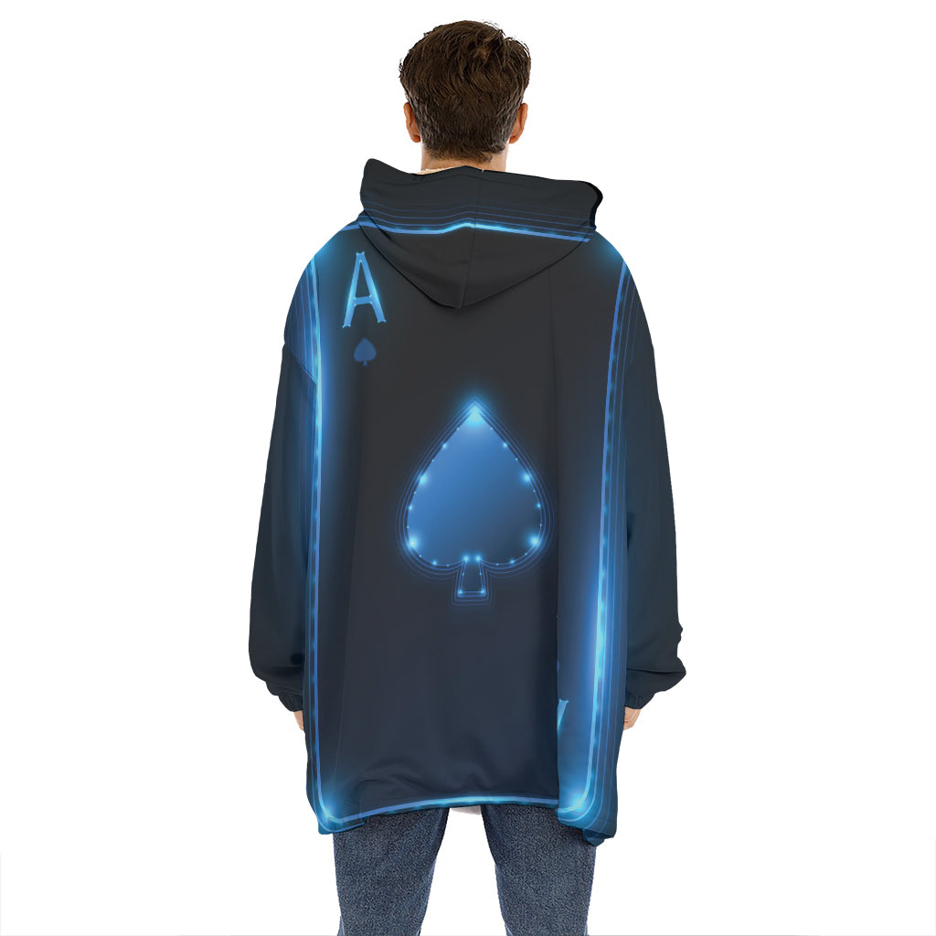 Blue Ace Card Print Hoodie Blanket