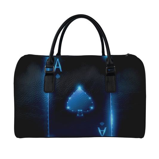 Blue Ace Card Print Leather Duffle Bag