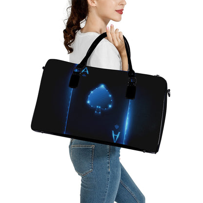Blue Ace Card Print Leather Duffle Bag