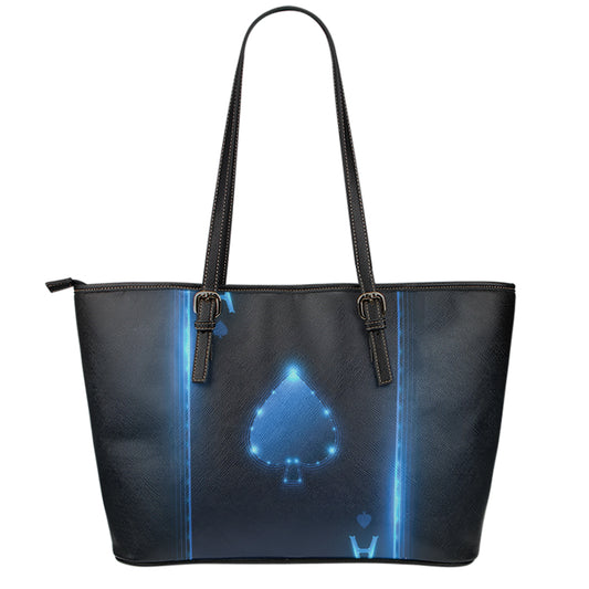 Blue Ace Card Print Leather Tote Bag