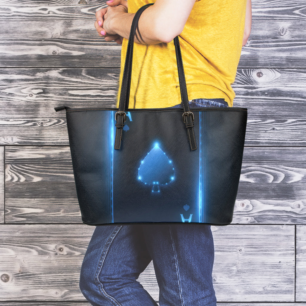 Blue Ace Card Print Leather Tote Bag