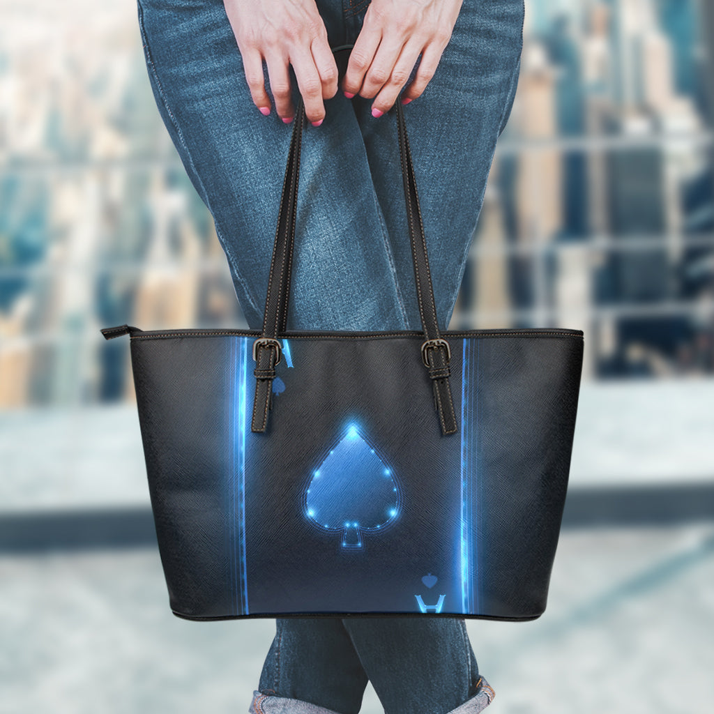 Blue Ace Card Print Leather Tote Bag