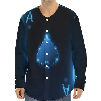 Blue Ace Card Print Long Sleeve Baseball Jersey