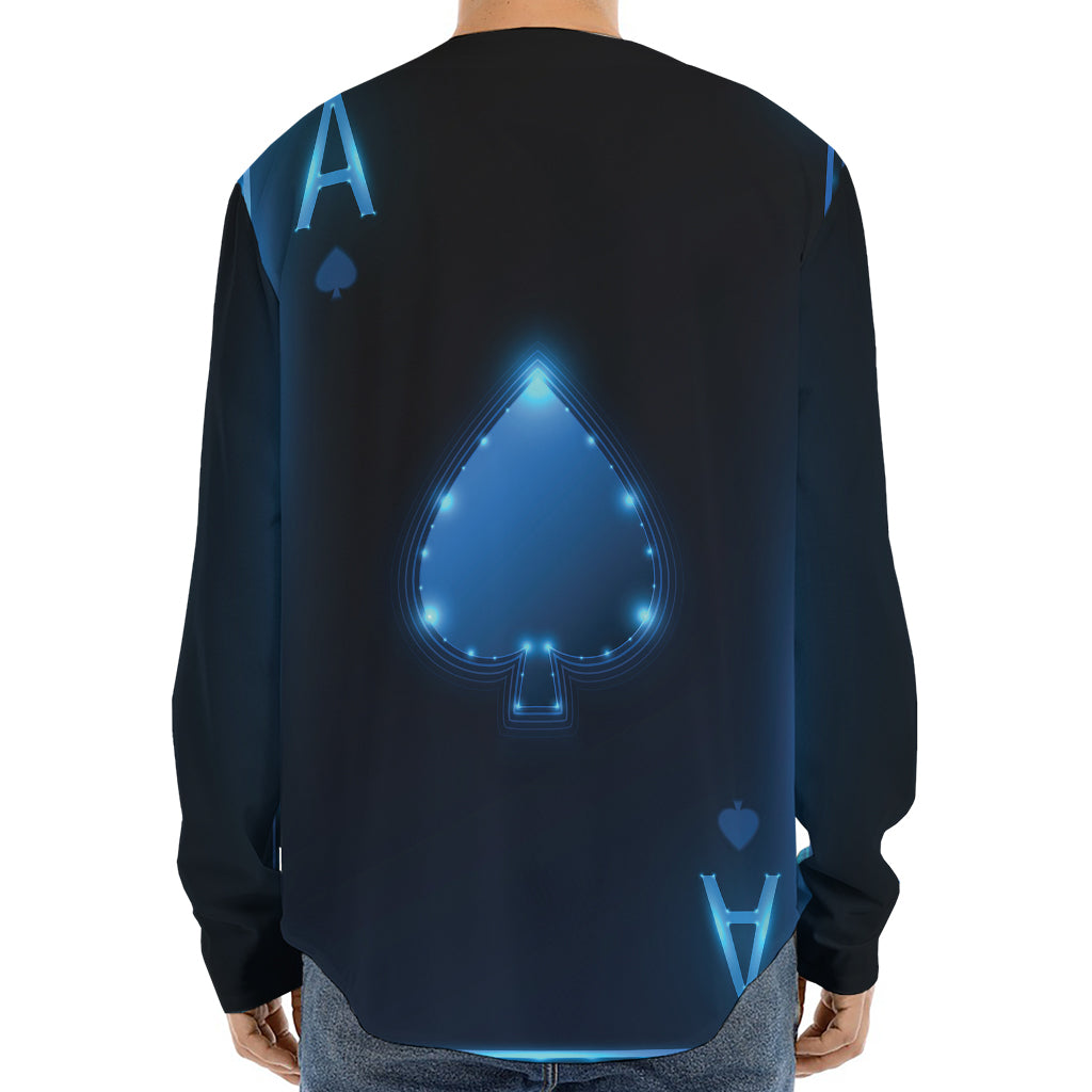 Blue Ace Card Print Long Sleeve Baseball Jersey