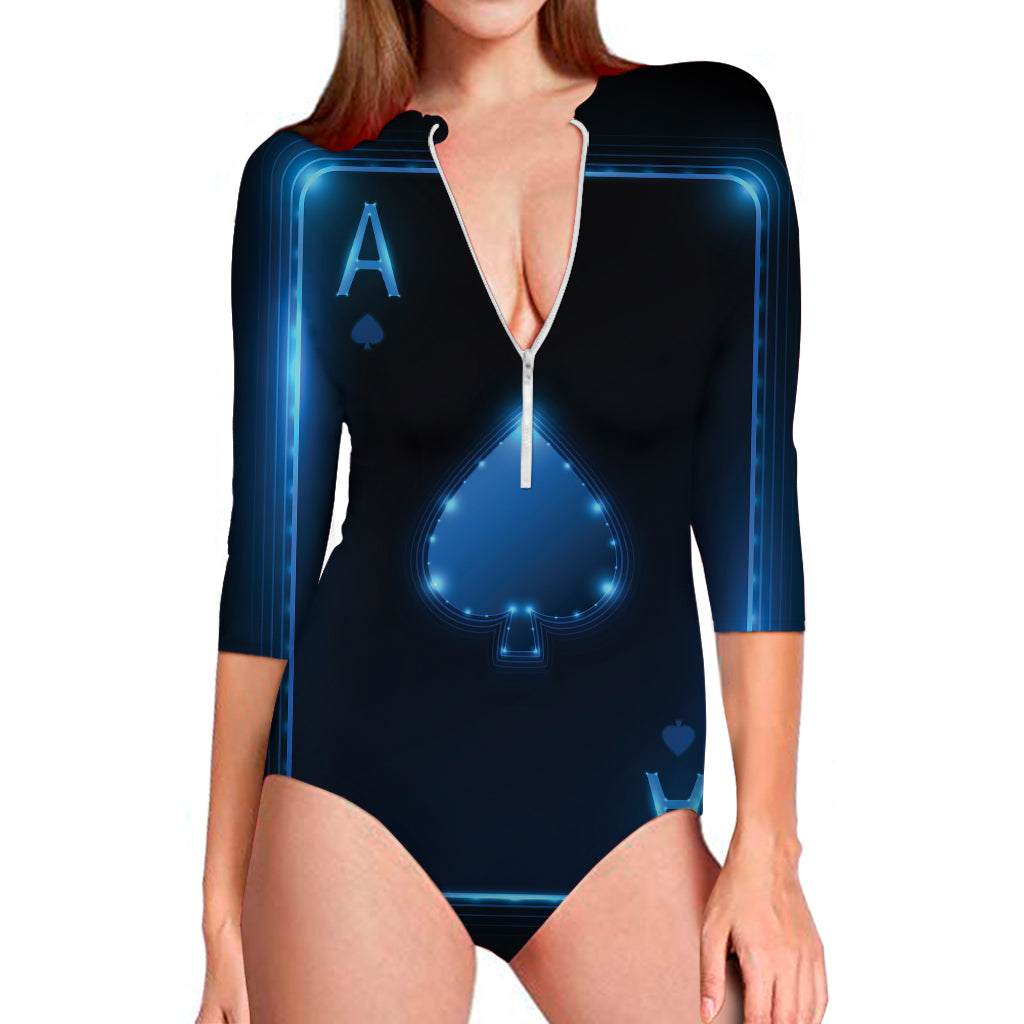 Blue Ace Card Print Long Sleeve Swimsuit