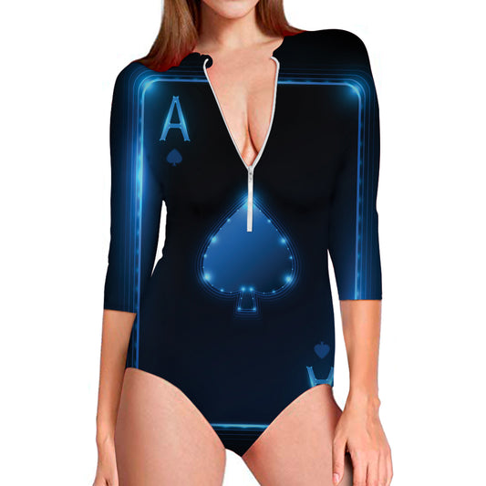 Blue Ace Card Print Long Sleeve Swimsuit