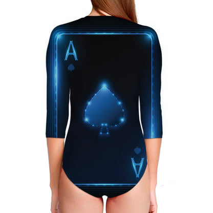 Blue Ace Card Print Long Sleeve Swimsuit