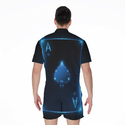 Blue Ace Card Print Men's Rompers