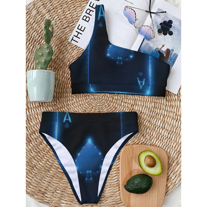 Blue Ace Card Print One Shoulder Bikini Top