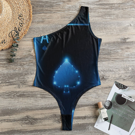 Blue Ace Card Print One Shoulder Bodysuit