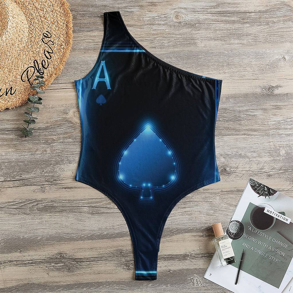 Blue Ace Card Print One Shoulder Bodysuit