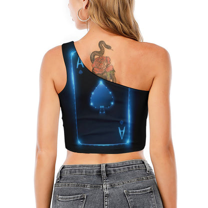 Blue Ace Card Print One Shoulder Crop Top
