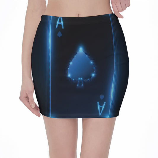 Blue Ace Card Print Pencil Mini Skirt
