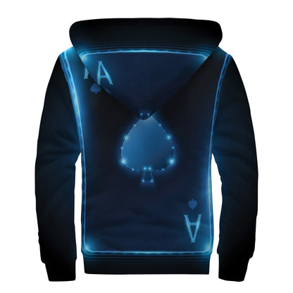 Blue Ace Card Print Sherpa Lined Zip Up Hoodie