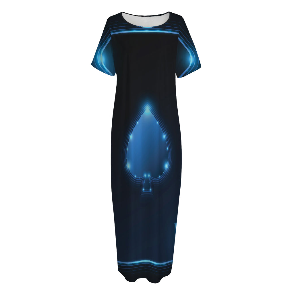 Blue Ace Card Print Short Sleeve Long Nightdress