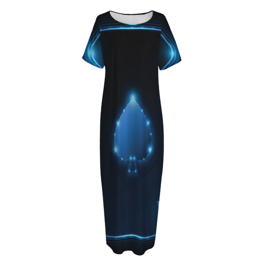 Blue Ace Card Print Short Sleeve Long Nightdress