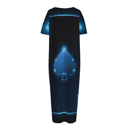 Blue Ace Card Print Short Sleeve Long Nightdress