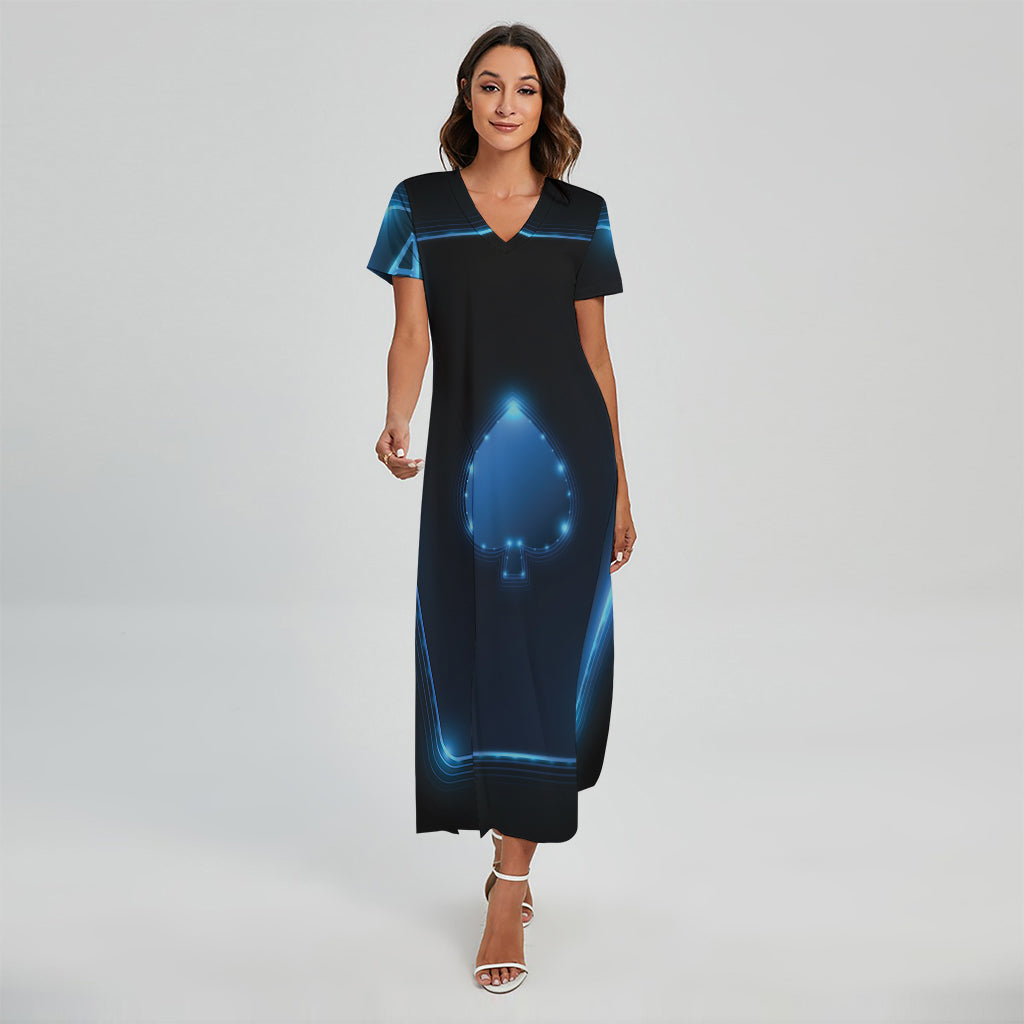 Blue Ace Card Print Short Sleeve Maxi Dress