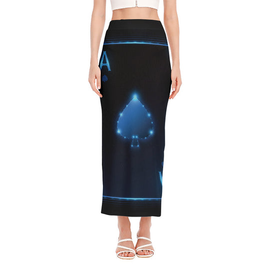 Blue Ace Card Print Side Slit Maxi Skirt