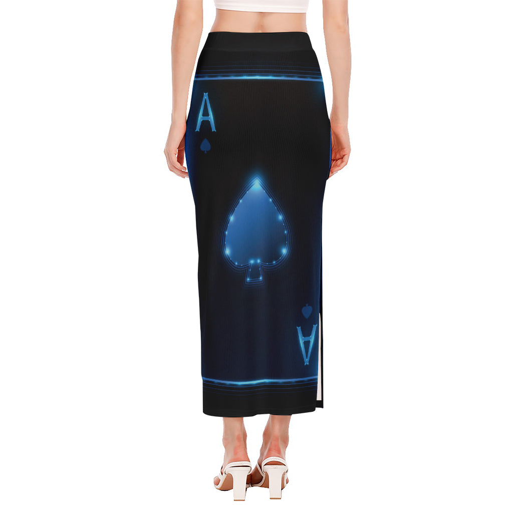 Blue Ace Card Print Side Slit Maxi Skirt